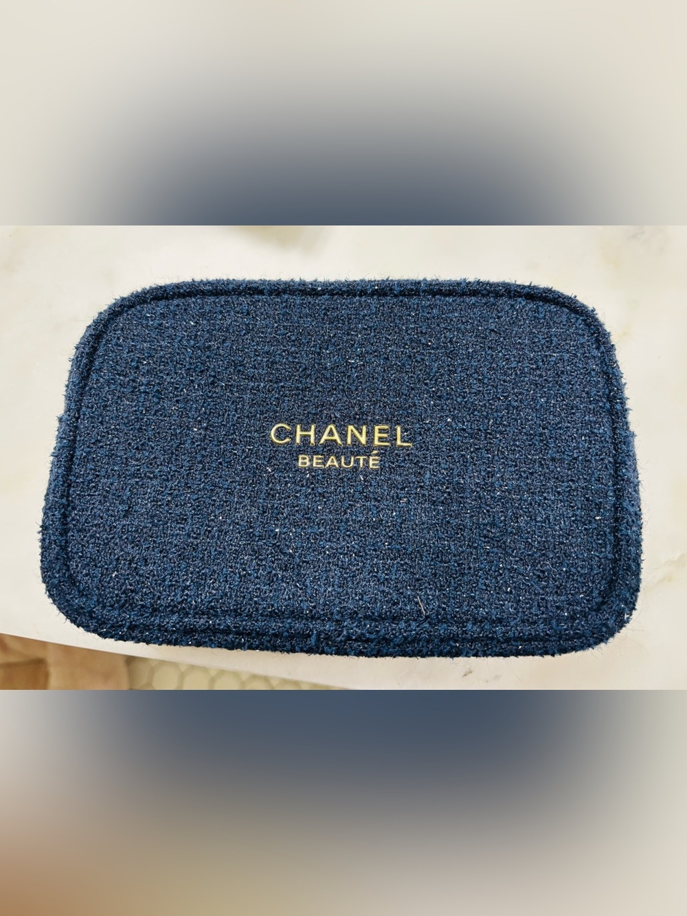 New Chanel Beaute Navy Blue Tweed/Boucle’ Travel Pouch Bag.